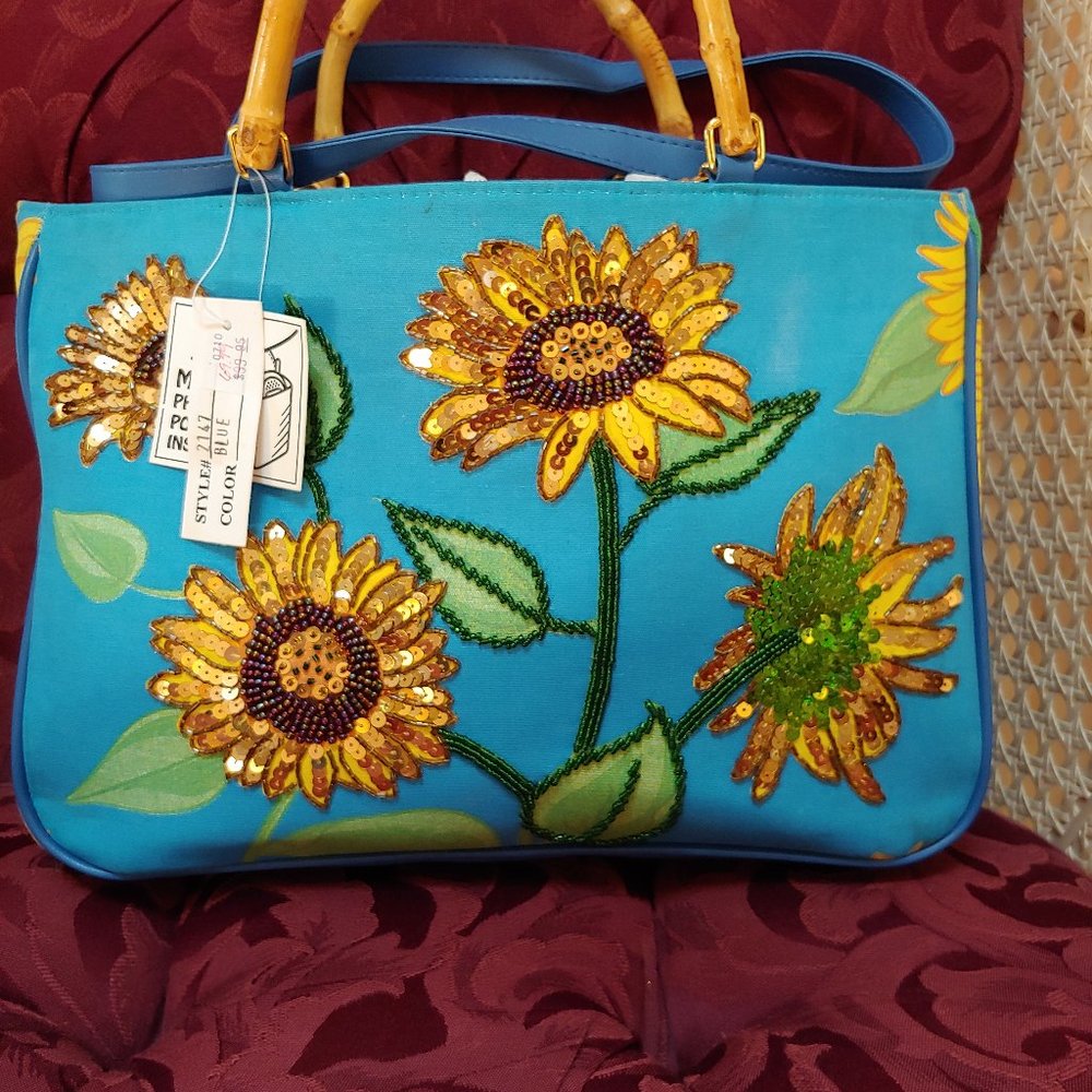 Canvas Purse with Beaded & Sequined Sunflowers NWT - Picture 1 of 5